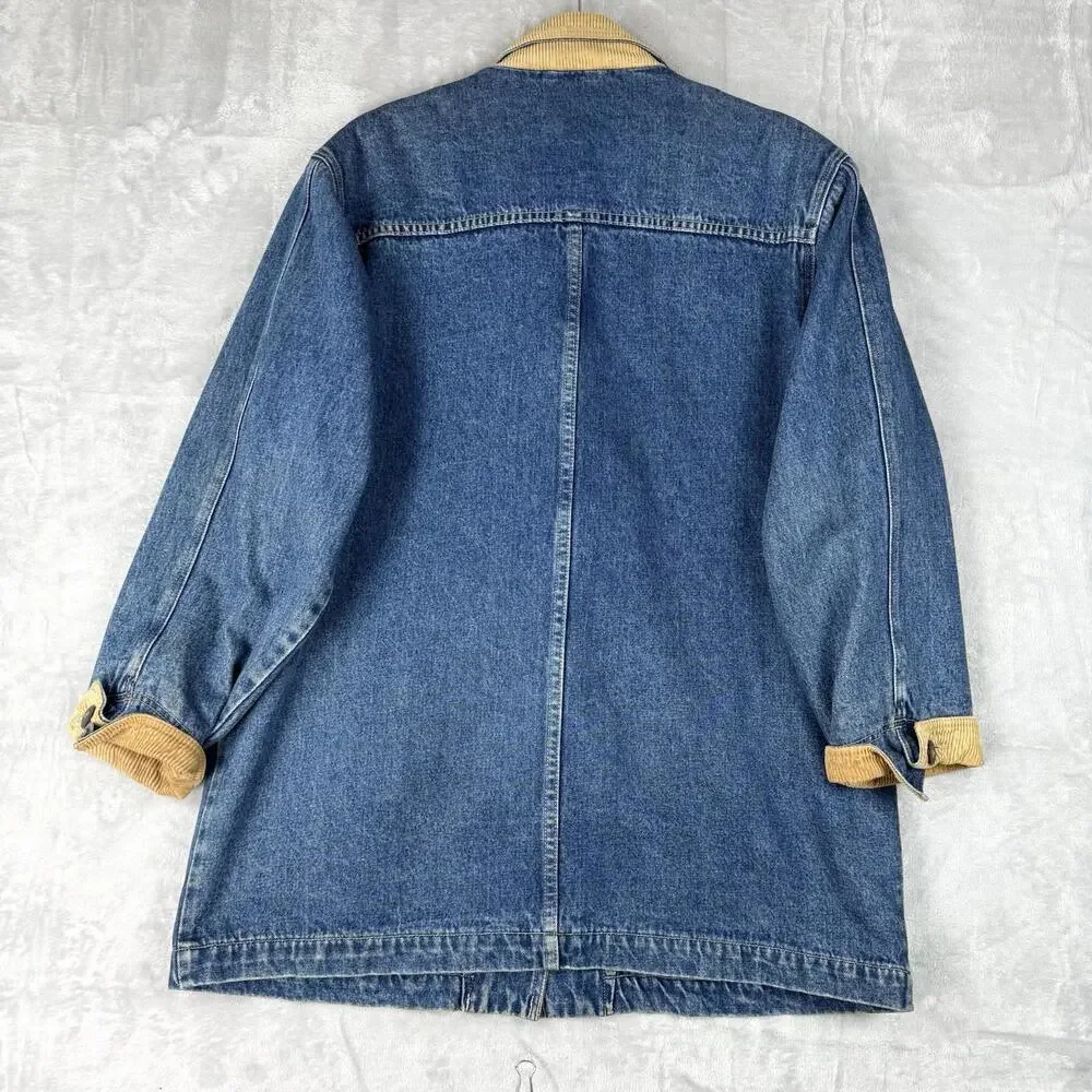 Vintage Eddie Bauer Women Denim Jean Chore Jacket Long Coat Dual Pocket Size L - Picture 2 of 9
